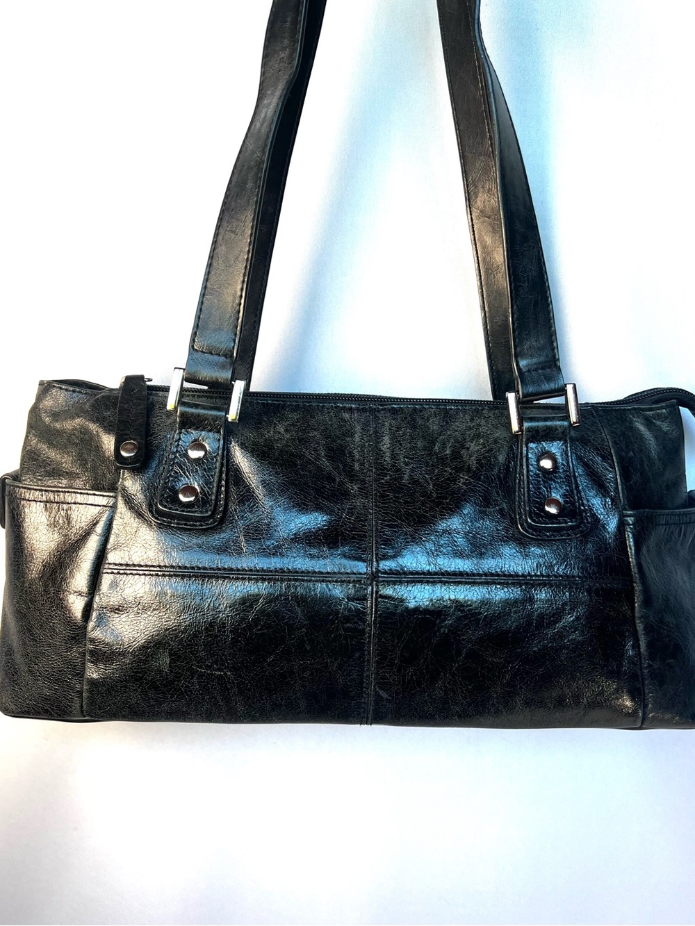 Vintage Style Black Genuine Leather East West Shoulder Bag Y2K Tote